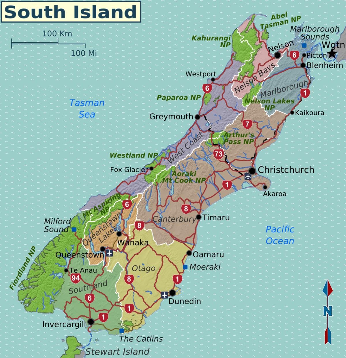 Mapa da illa sur de nova celandia rexións