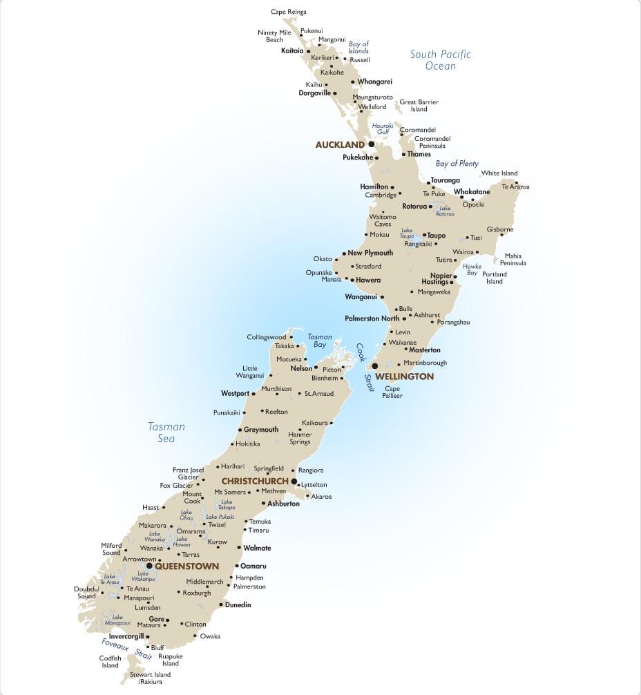 mapa da illa sur de nova celandia atraccións