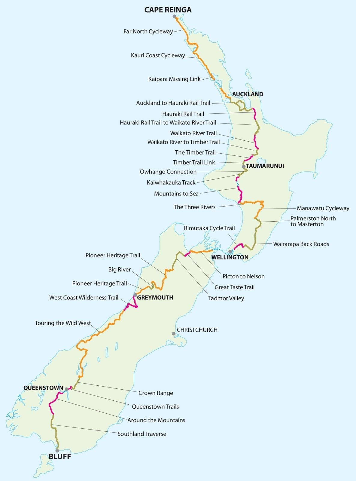 Mapa de nova celandia ciclo trail