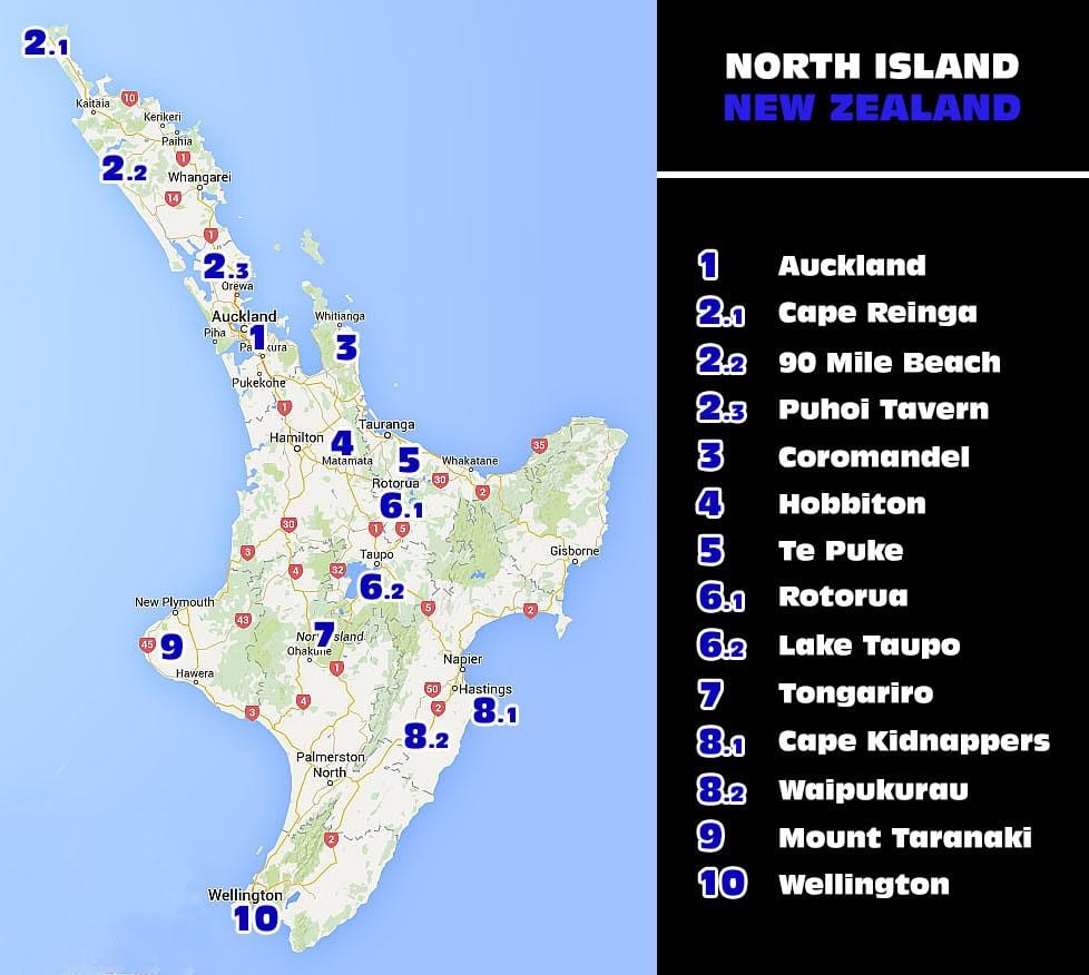 Mapa de nova celandia illa norte atraccións