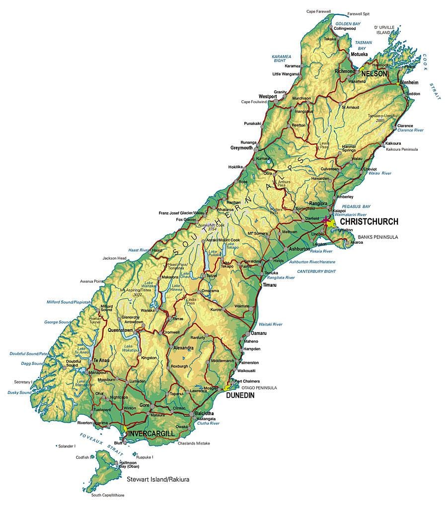 Mapa de nova celandia illa sur de viaxes