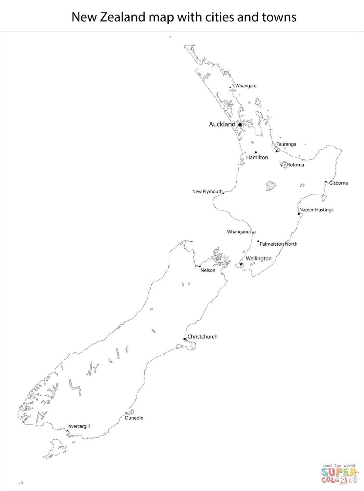 nova celandia mapa con cidades e vilas