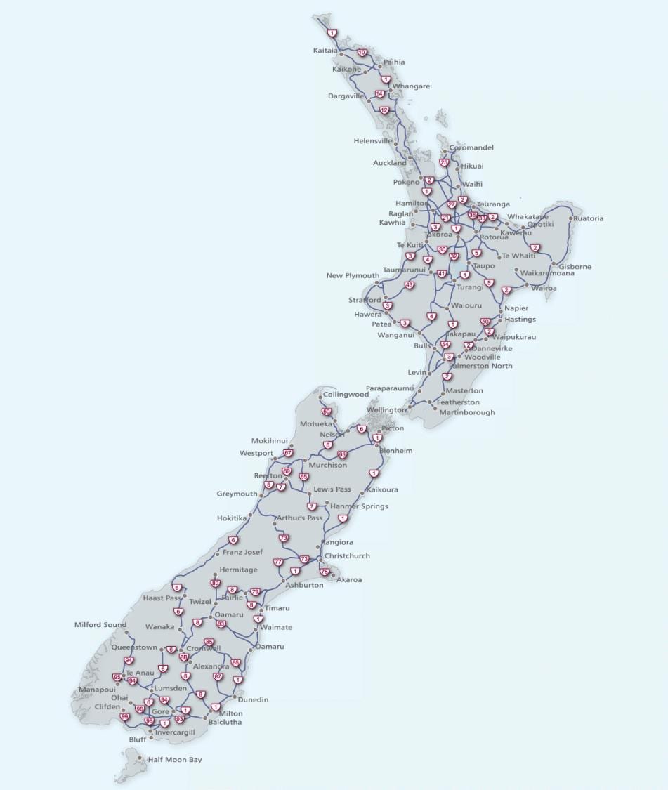 Mapa de nova celandia ruta