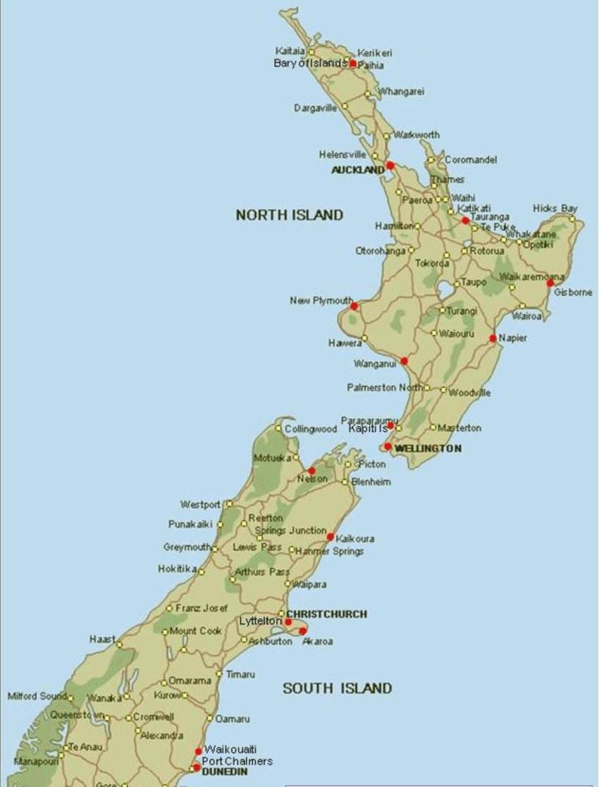 Mapa de nova celandia portos