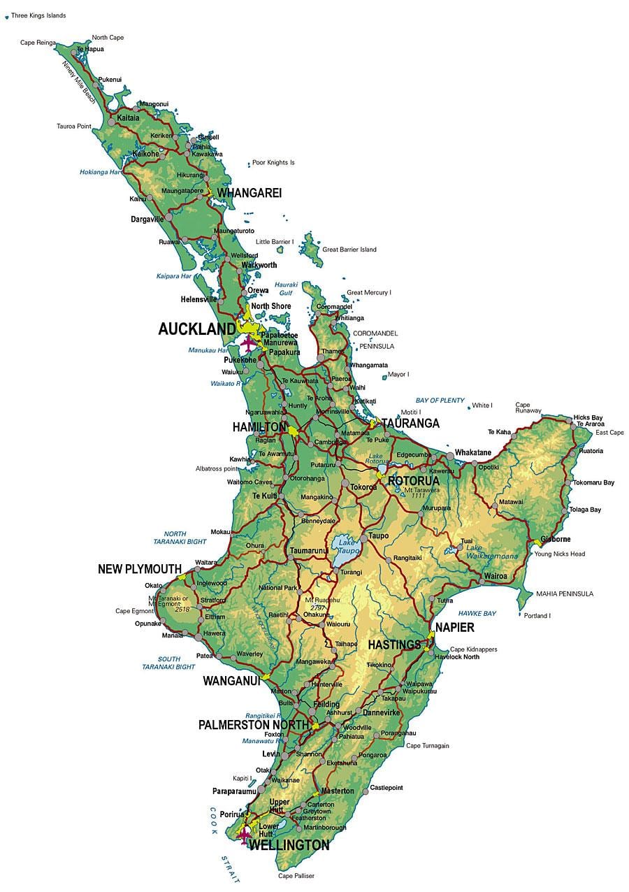 mapa detallado da illa do norte de nova zelandia