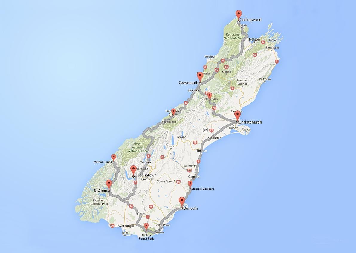detallado estrada mapa da illa sur de nova celandia