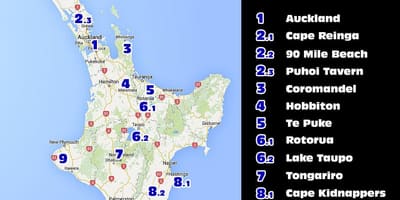 Mapa de nova celandia illa norte atraccións
