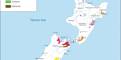 Nova celandia viño rexións mapa